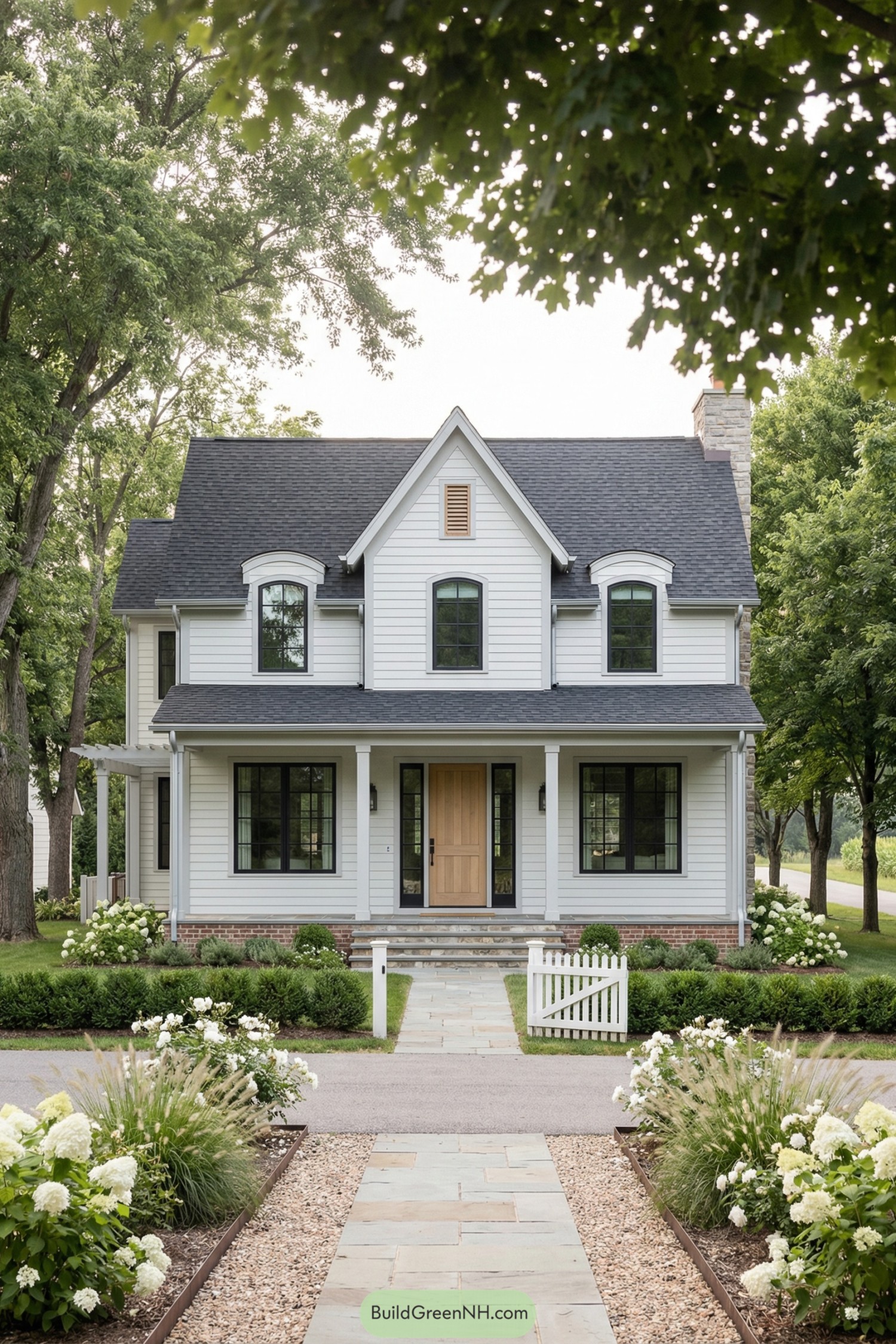 White clapboard cottage with dark roof, front porch, and lush hydrangea garden leading to a small gate and stone path