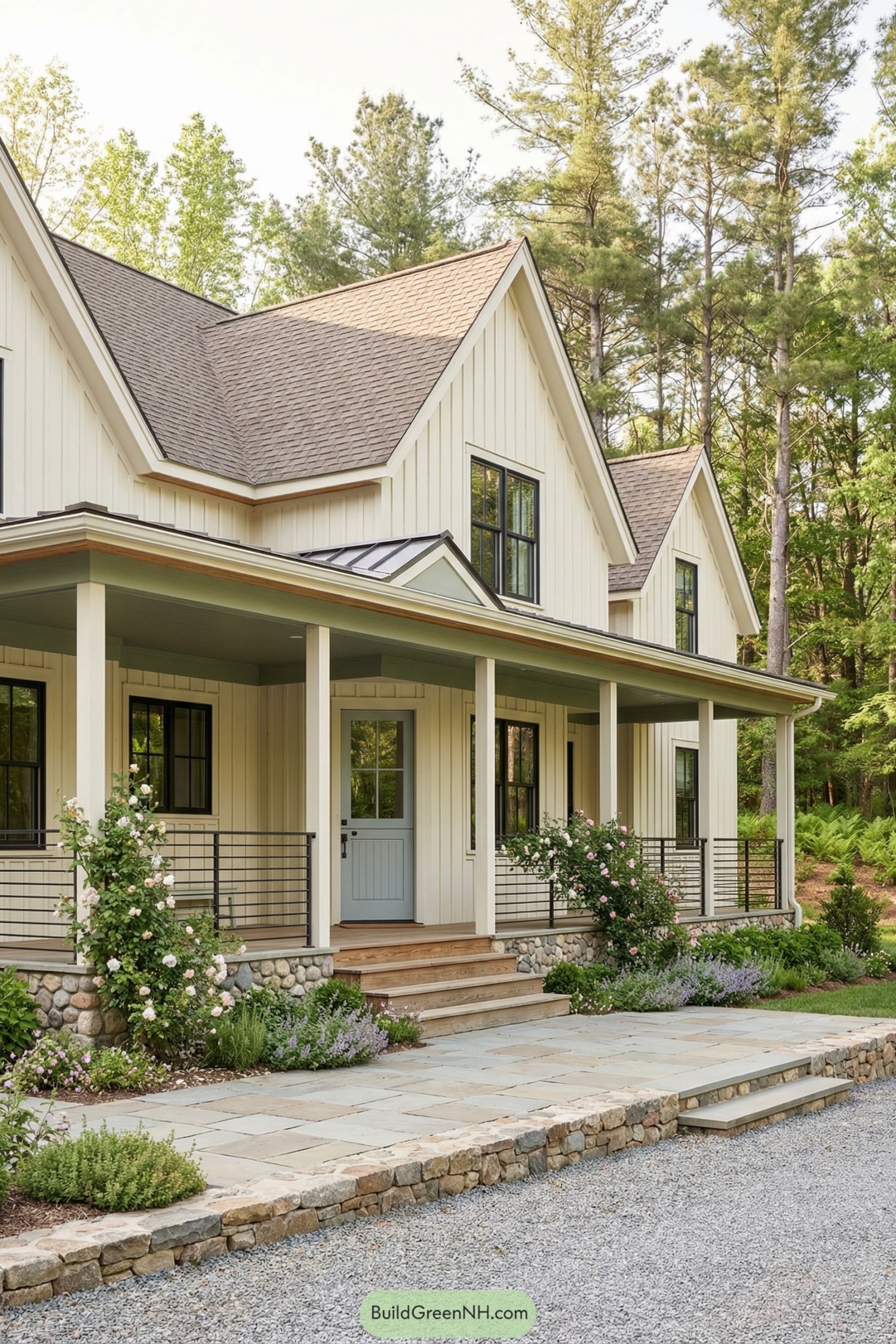 Cream board and batten cottage with deep porch and cottage garden
