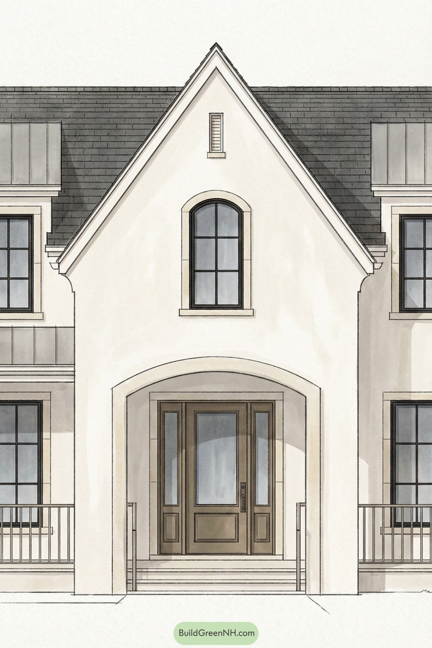 Creamy gabled cottage front with arched porch and wood door