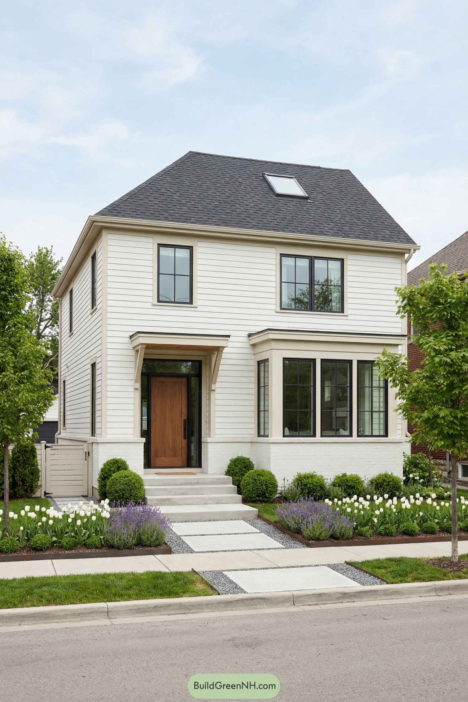 White two story cottage with black windows and lush front garden