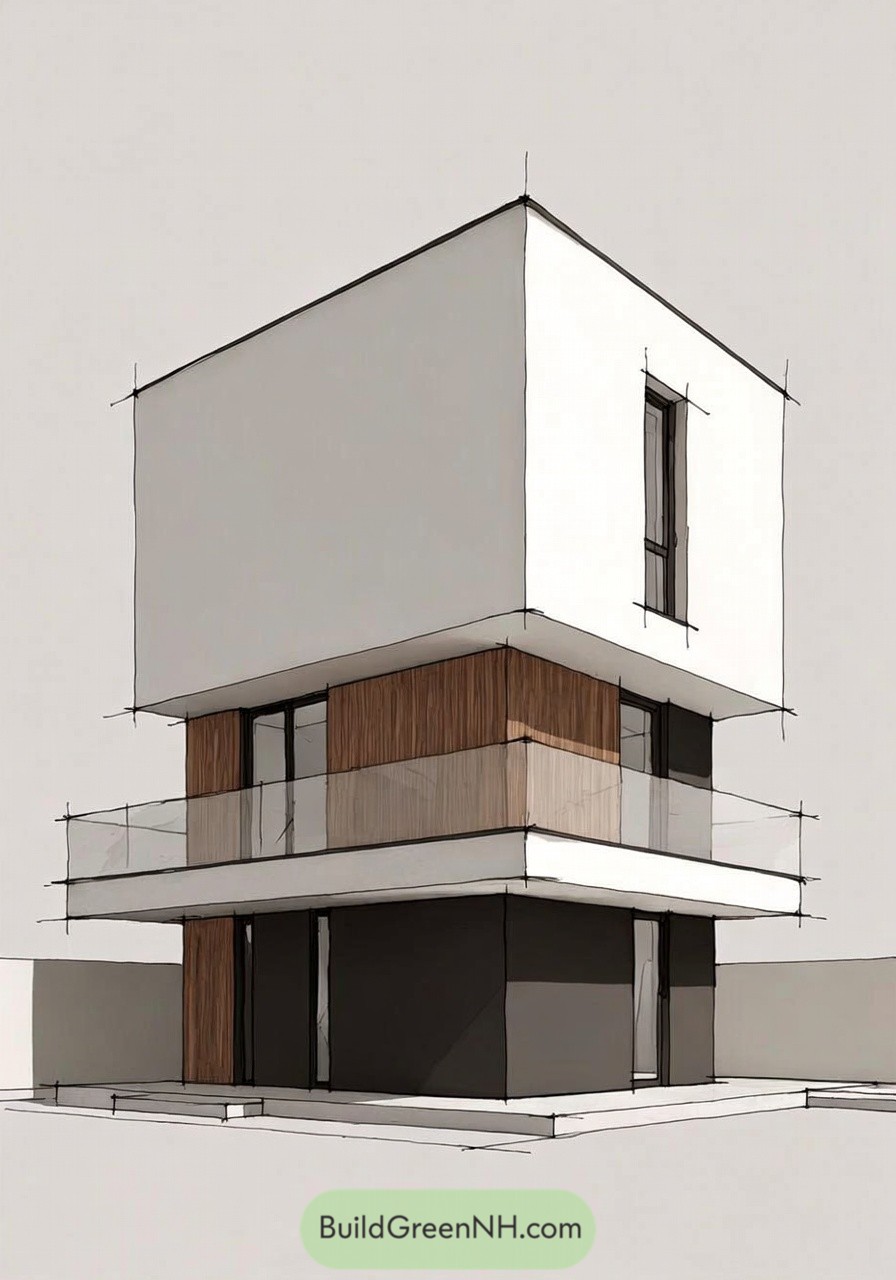 Drawn architecture sketch of a bold modern house with a sculptural façade combining a solid upper box, a recessed ground floor, and a prominent cantilevered balcony slab with thin guardrail; colors in white plaster, mid-gray concrete, and near-black steel detailing with walnut accent paneling; structure reads as stacked cubes with a deep undercut at the base; materials shown with smooth shading for plaster, coarse stipple for concrete, and parallel wood grain lines; flat roof with parapet returns; balcony glass balustrade drawn with faint reflections; windows are large rectangular openings with black frames, including a vertical stair window slit; entry door is oversized in wood veneer with concealed handle line, drawn architecture sketch, high-definition, strictly no collages.
