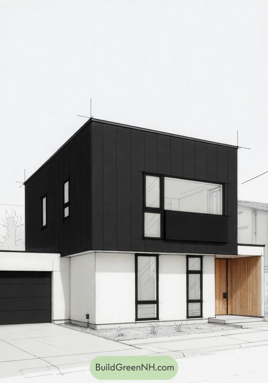 Two story modern house with black box upper level, white base, and wood clad recessed entry. Large offset windows and attached garage face the street