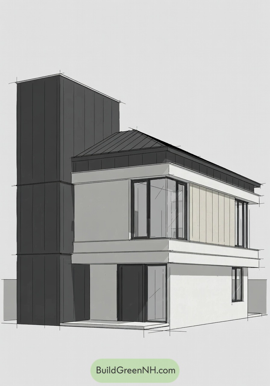Sketch of a two story modern house with attached tower volume
