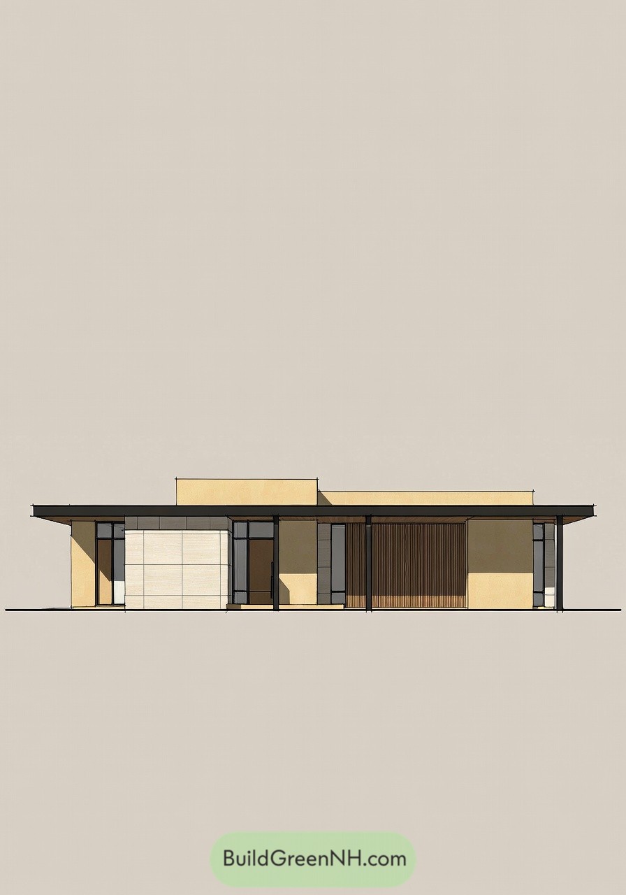 Single story modern house elevation with flat roofs and shaded front porch
