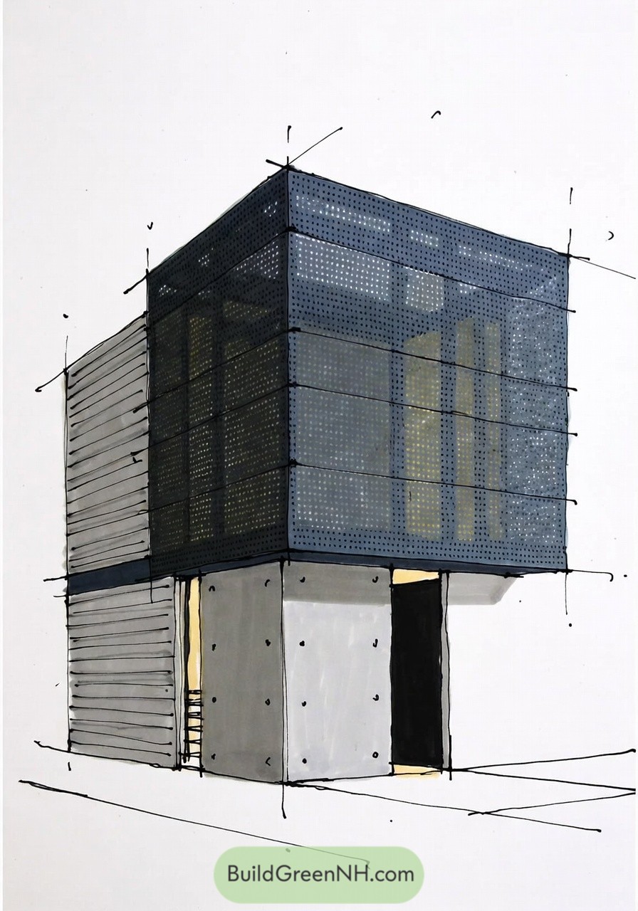 Sketch of a compact modern house with a perforated metal upper level resting over a solid base