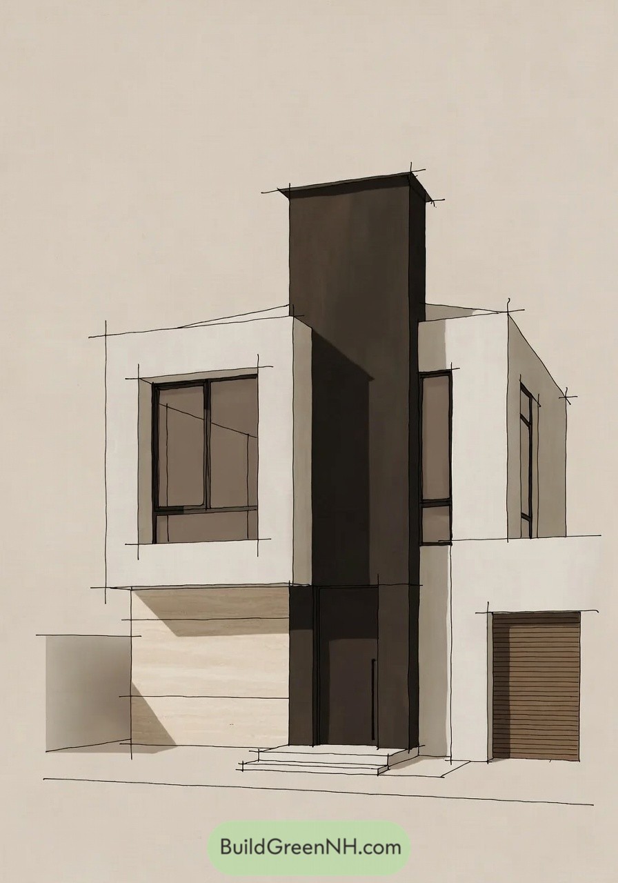Modern two story house sketch with bold central tower and large windows