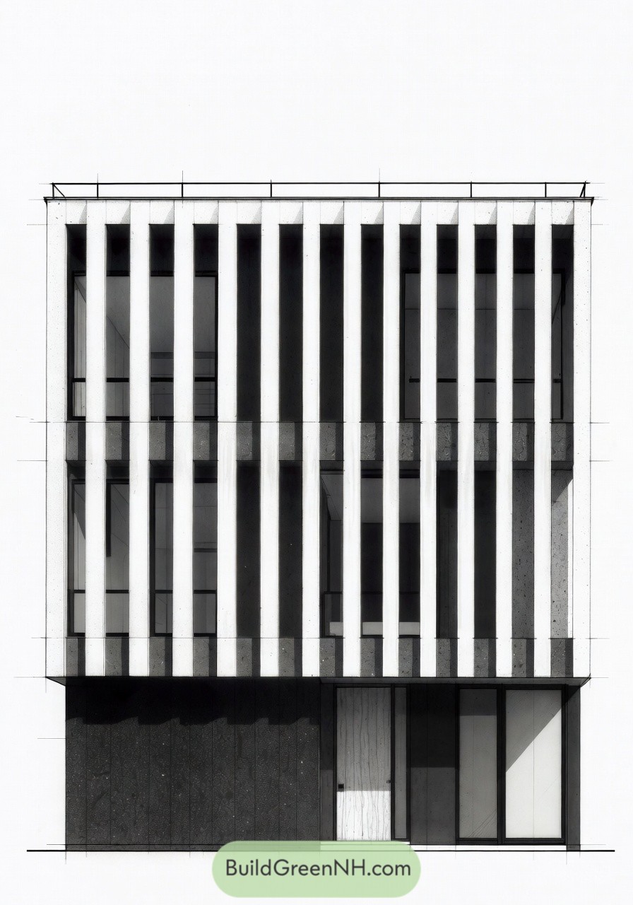 Modern house facade with vertical fin screen