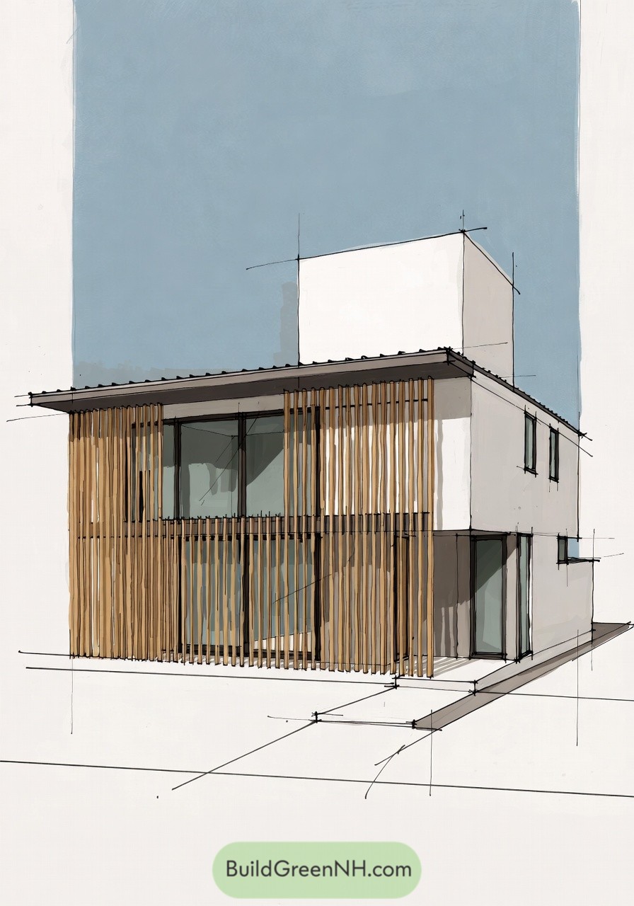 Modern two story white house with tall vertical wood slats and large glass openings