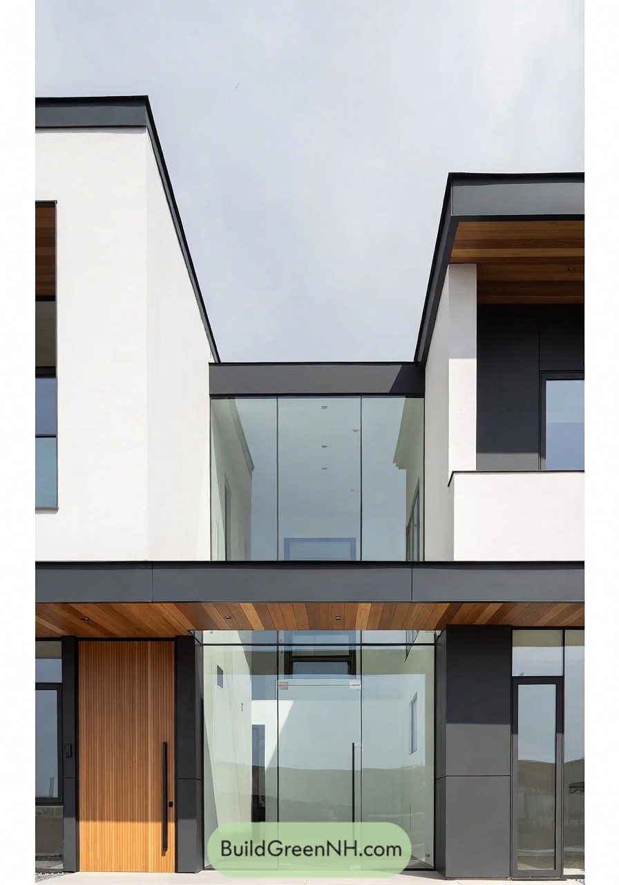 Modern white and black house with glass bridge foyer