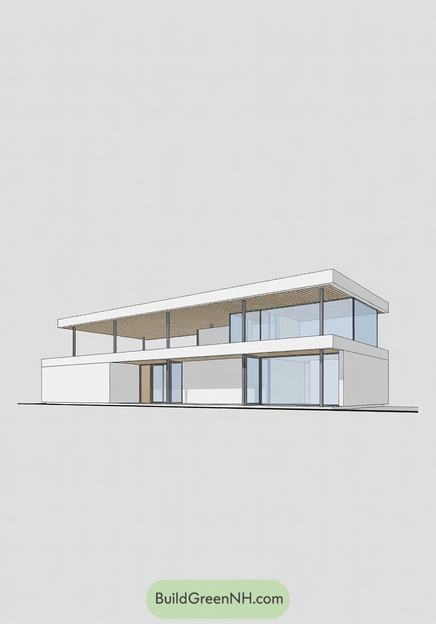 Two story modern house with long flat roofs and expansive glass walls. Minimal white volumes with open upper terrace and slim columns