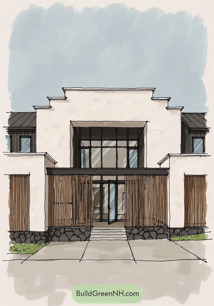 Modern two story house with stepped white facade and vertical wood screens