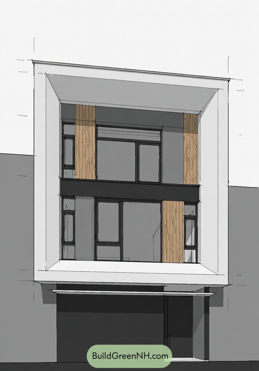 Minimalist three story townhouse facade with deep white frame, gray infill, large windows, and vertical wood accents
