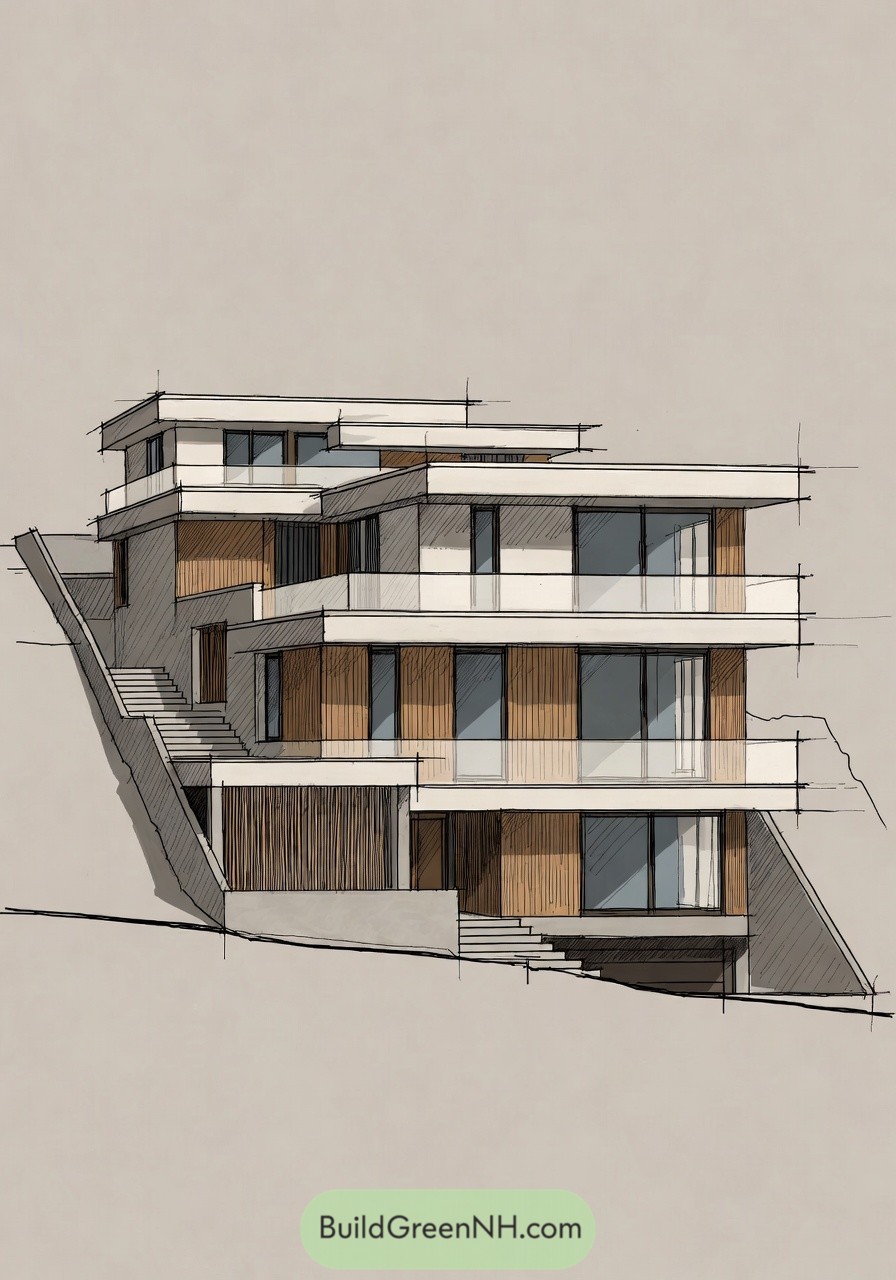 Modern multi level house sketched on a steep slope with large glass fronts and wood accents