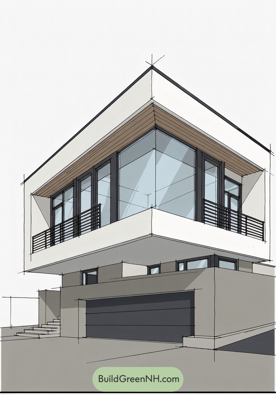 Modern sketch of a two story cantilevered house with large corner windows and an upper level balcony above a recessed garage