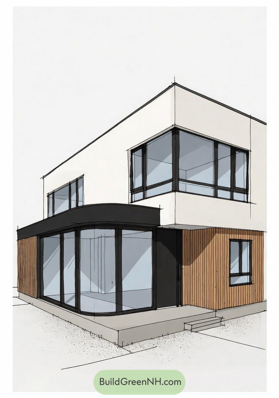 Two story modern house sketch with large corner windows and wood cladding. White upper volume rests over a glazed ground floor with black framing