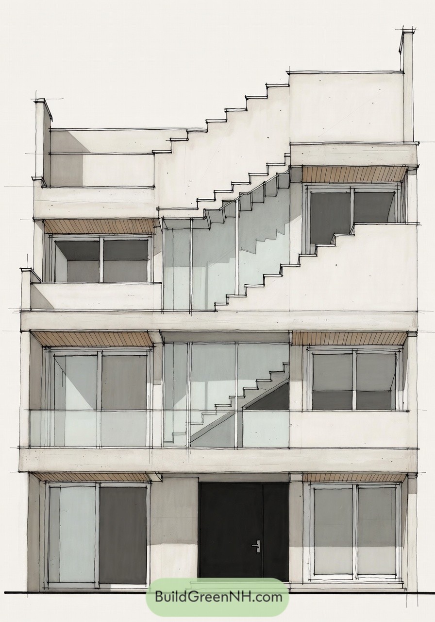 Modern townhouse elevation with exposed zigzag stair and stacked balconies