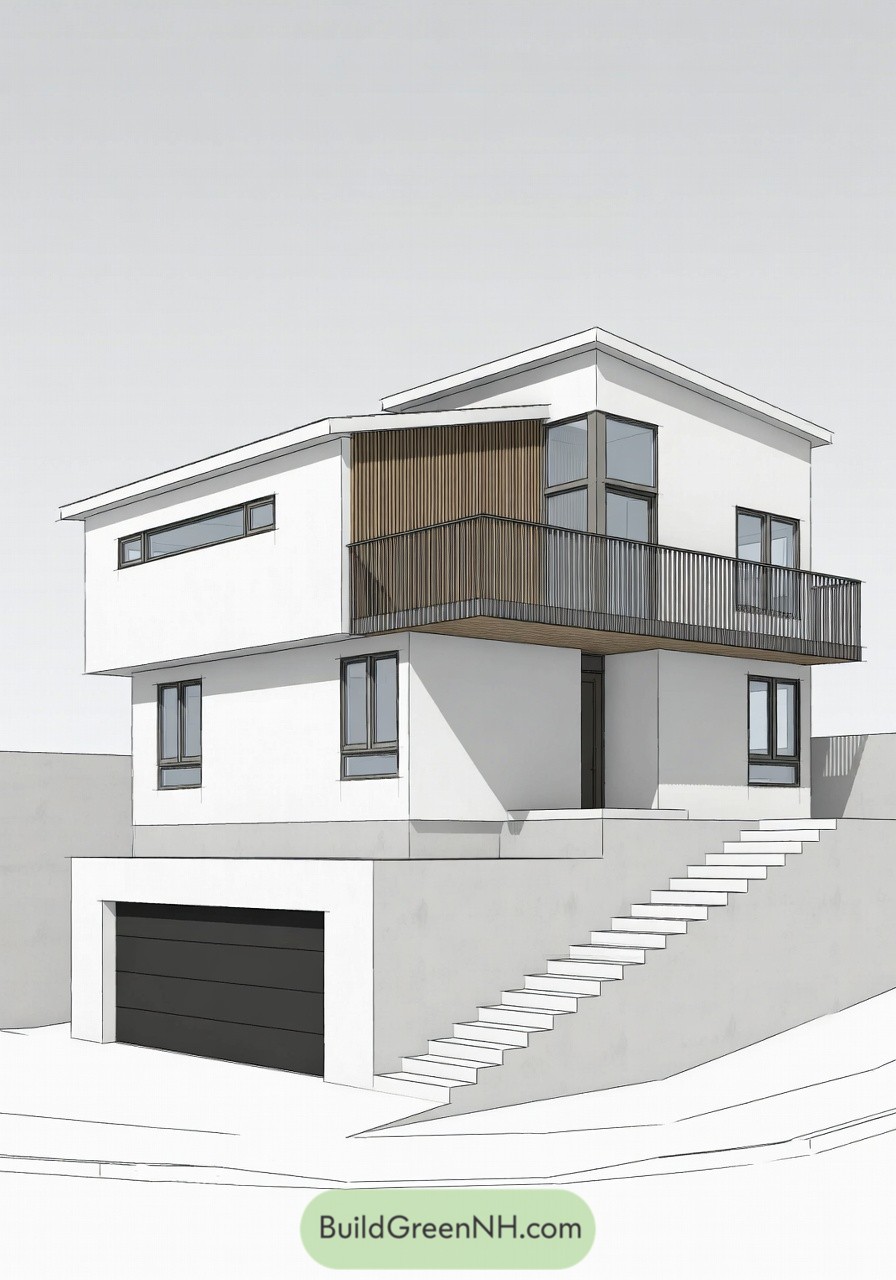 Modern white two story house on a sloped lot with large balcony and exterior stair