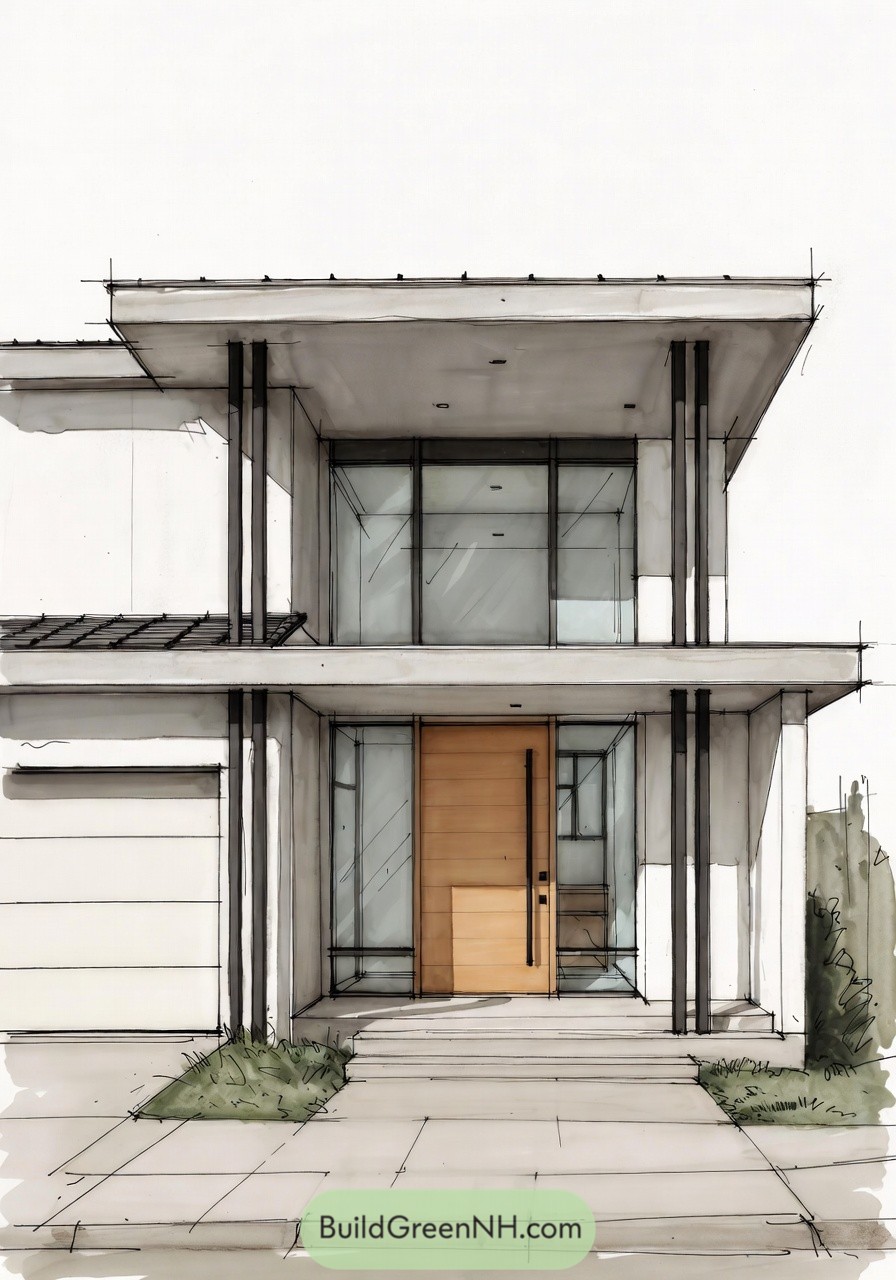 Modern two story house with flat roof canopy large glass panels and a wooden front door