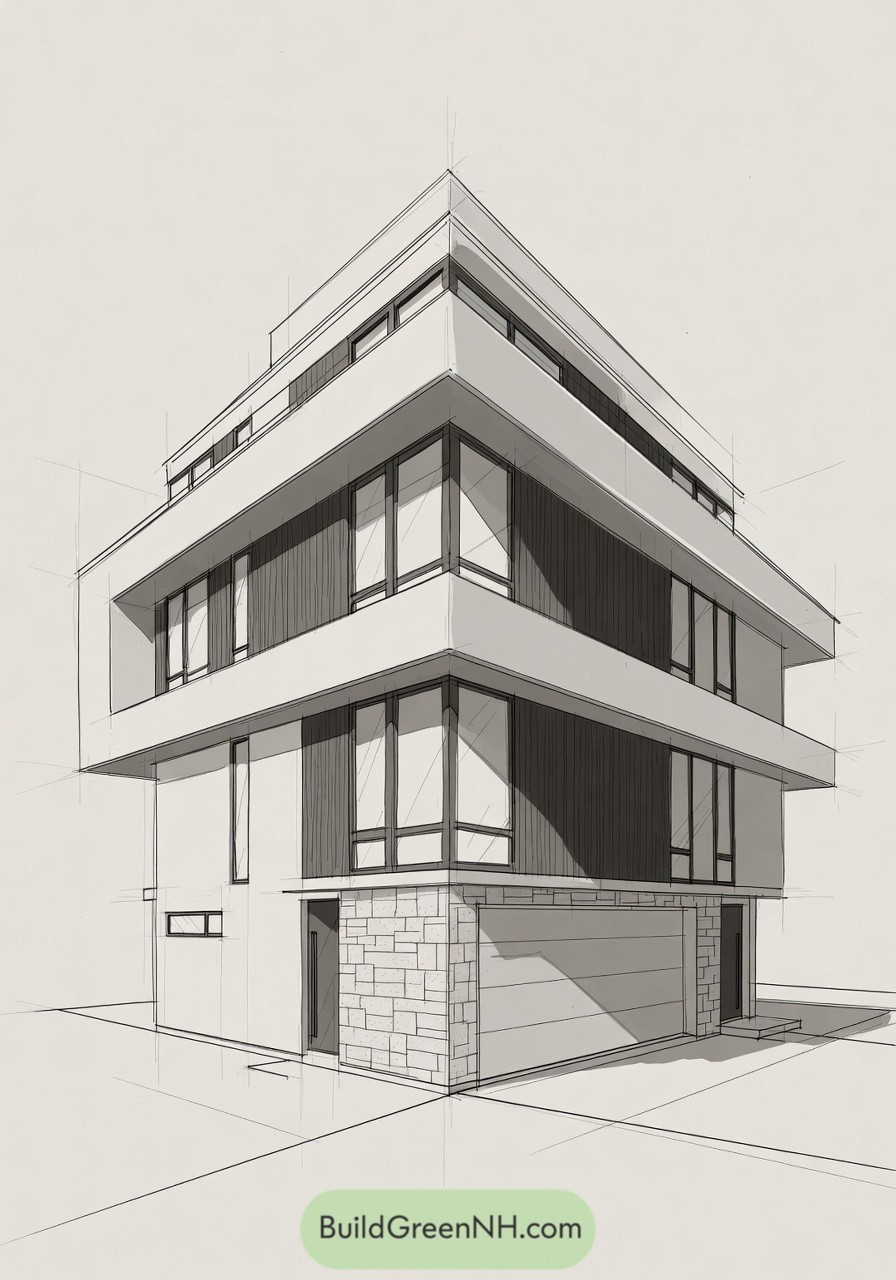 Modern three story house sketch with stacked rectangular volumes and large windows