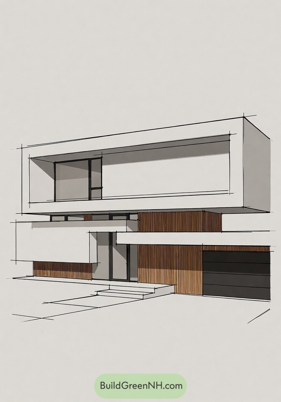 Minimalist sketch of a two story modern house with white volumes and vertical wood accents