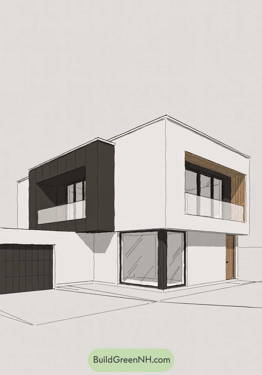 Two story modern house sketch with contrasting white and dark volumes and large corner windows