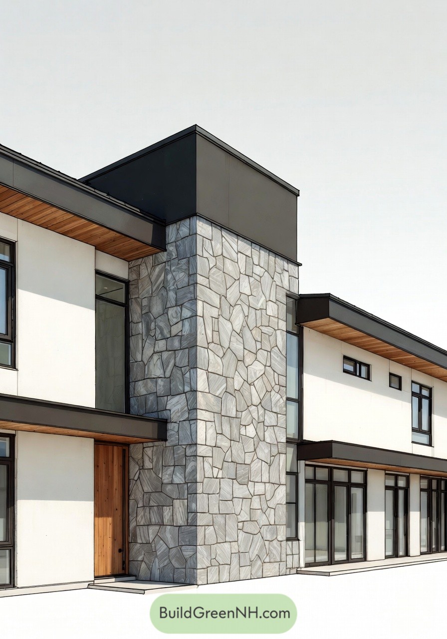Modern two story house with stone tower and large windows