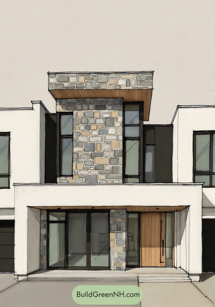 Two story modern house with central stone tower and large glass entry. White stucco volumes frame tall windows and a recessed wood front door