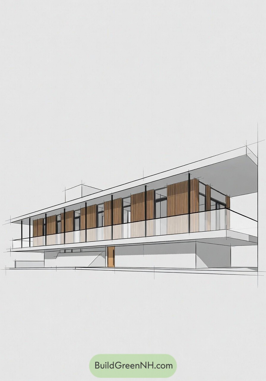 Long low modern house rendering with glass and vertical timber screens