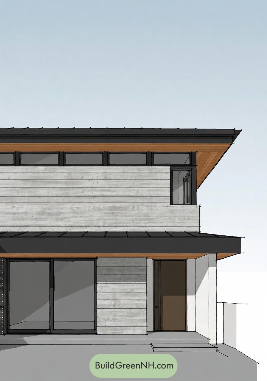 Two story modern house with horizontal siding deep eaves and slim clerestory windows