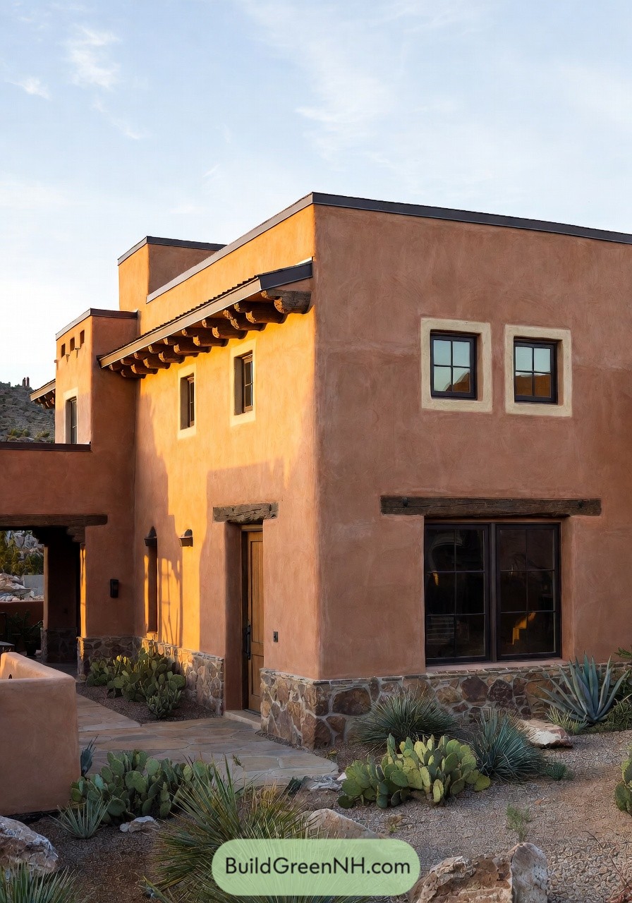 Adobe style desert home with flat roofs and native landscaping