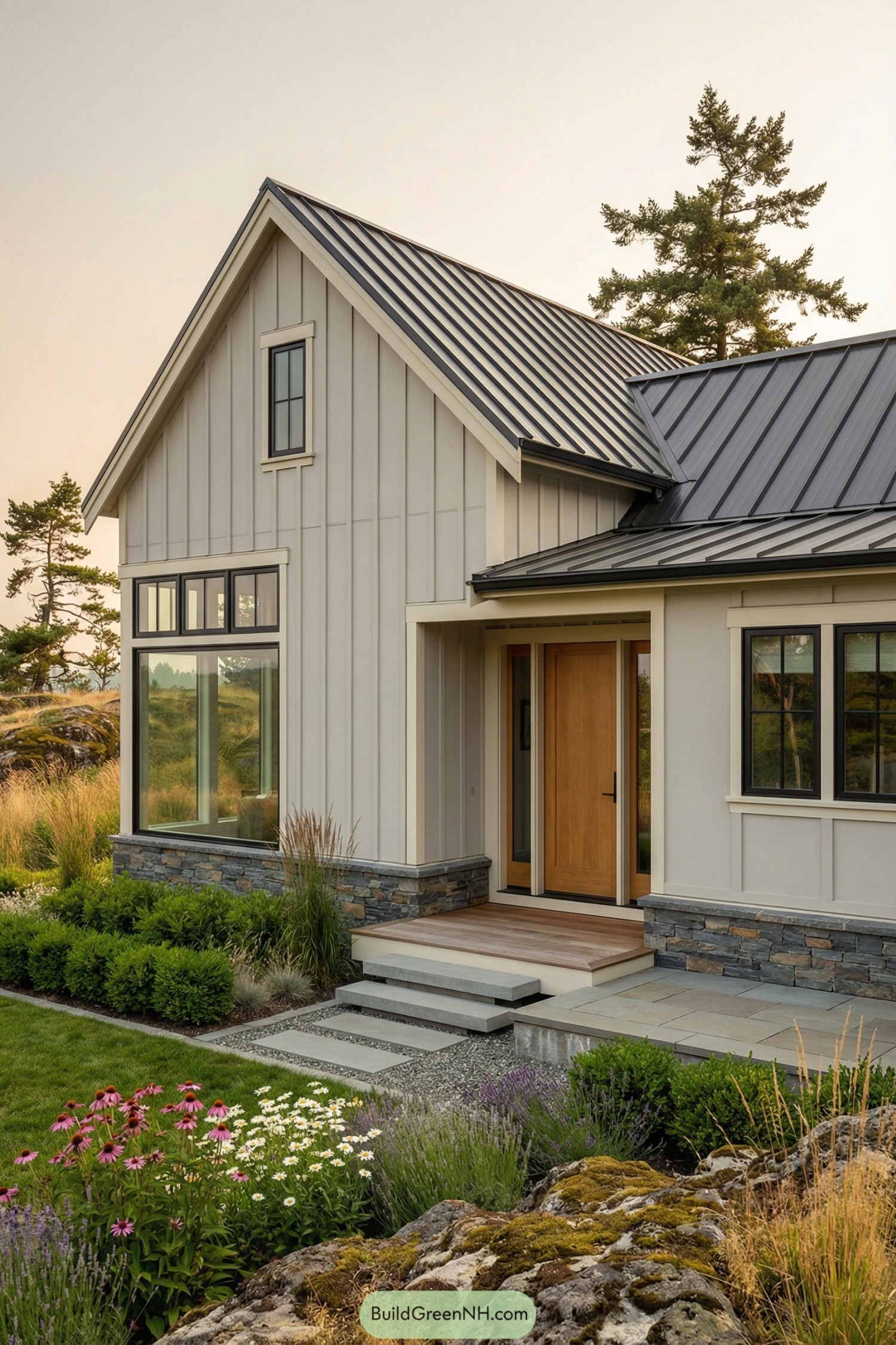 Modern cottage with metal roof stone base and lush front garden