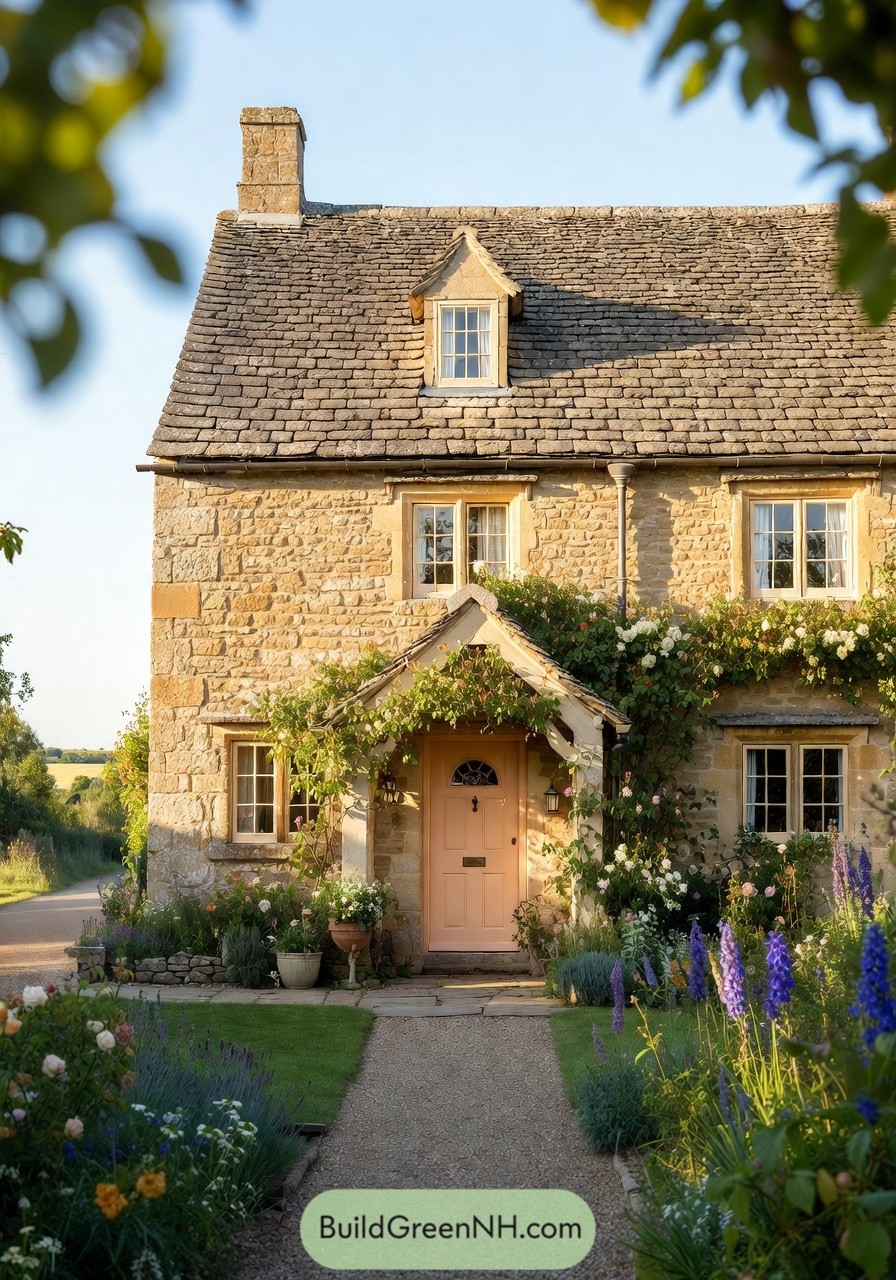 Stone cottage with peach front door and lush flower garden
