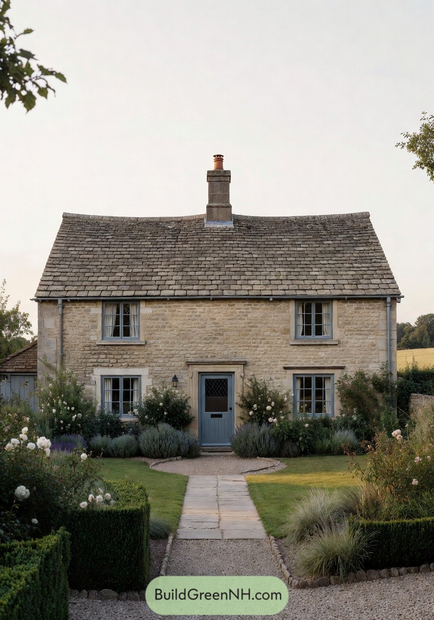 Charming stone cottage with blue door and manicured cottage garden