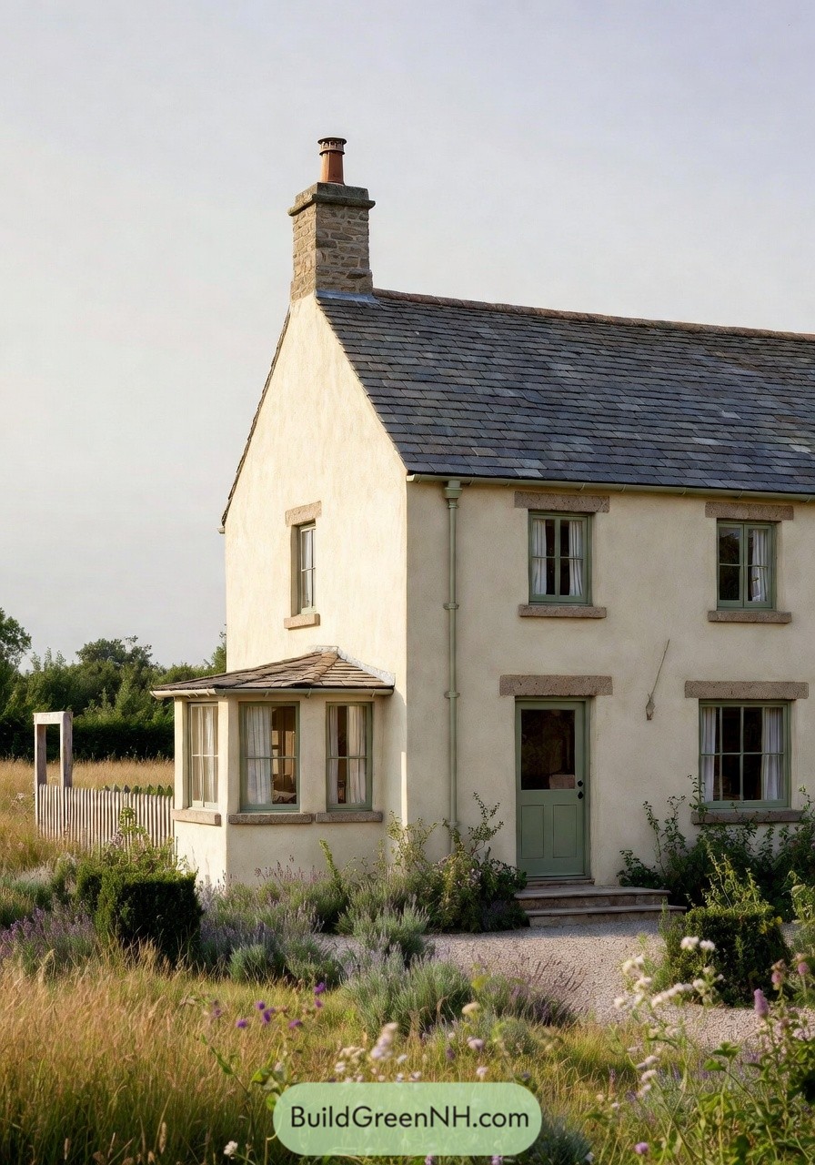 Creamy stone cottage with slate roof, green door, and wildflower meadow garden