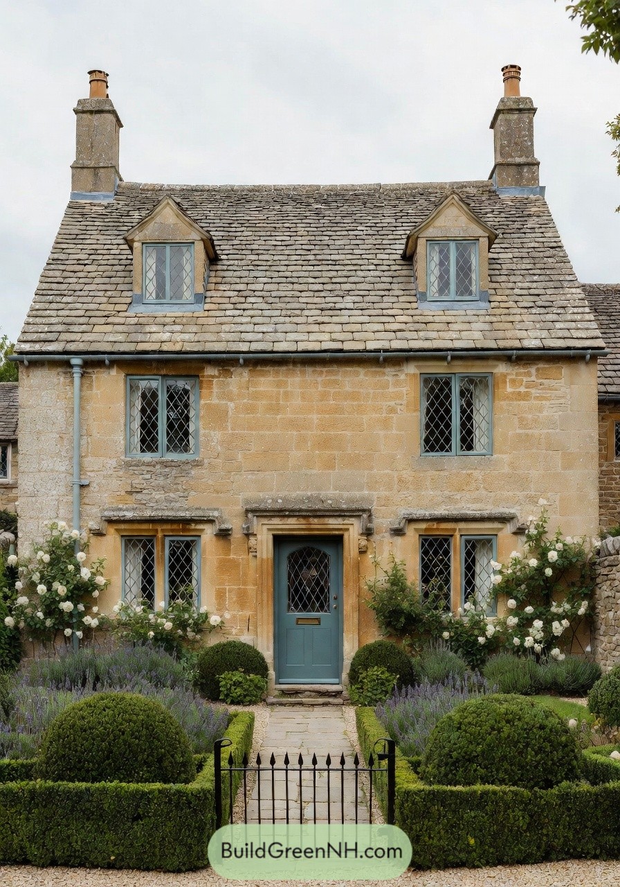 Stone cottage with blue door and formal front garden