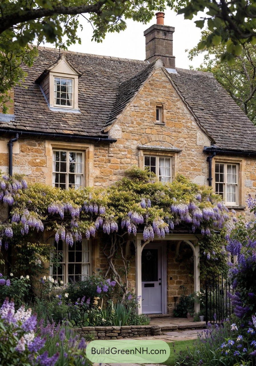 Charming stone cottage with wisteria-covered porch and lush flower garden