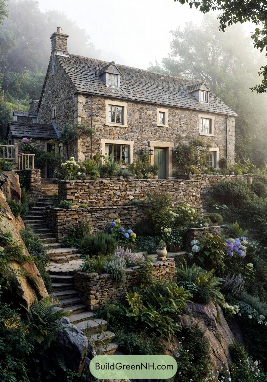 Rustic stone cottage with layered terraced gardens on a lush hillside