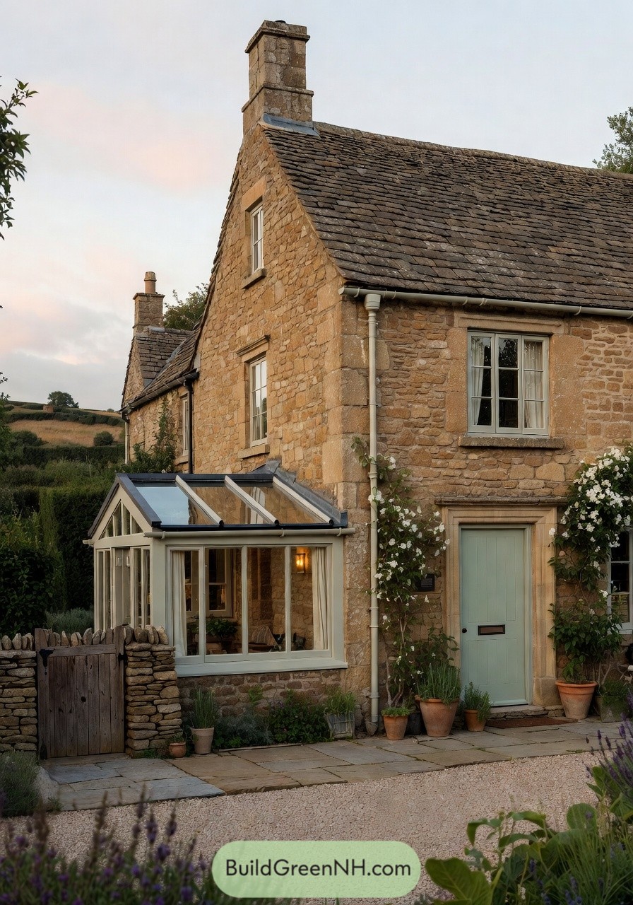Stone cottage with glass sunroom and mint door surrounded by plants