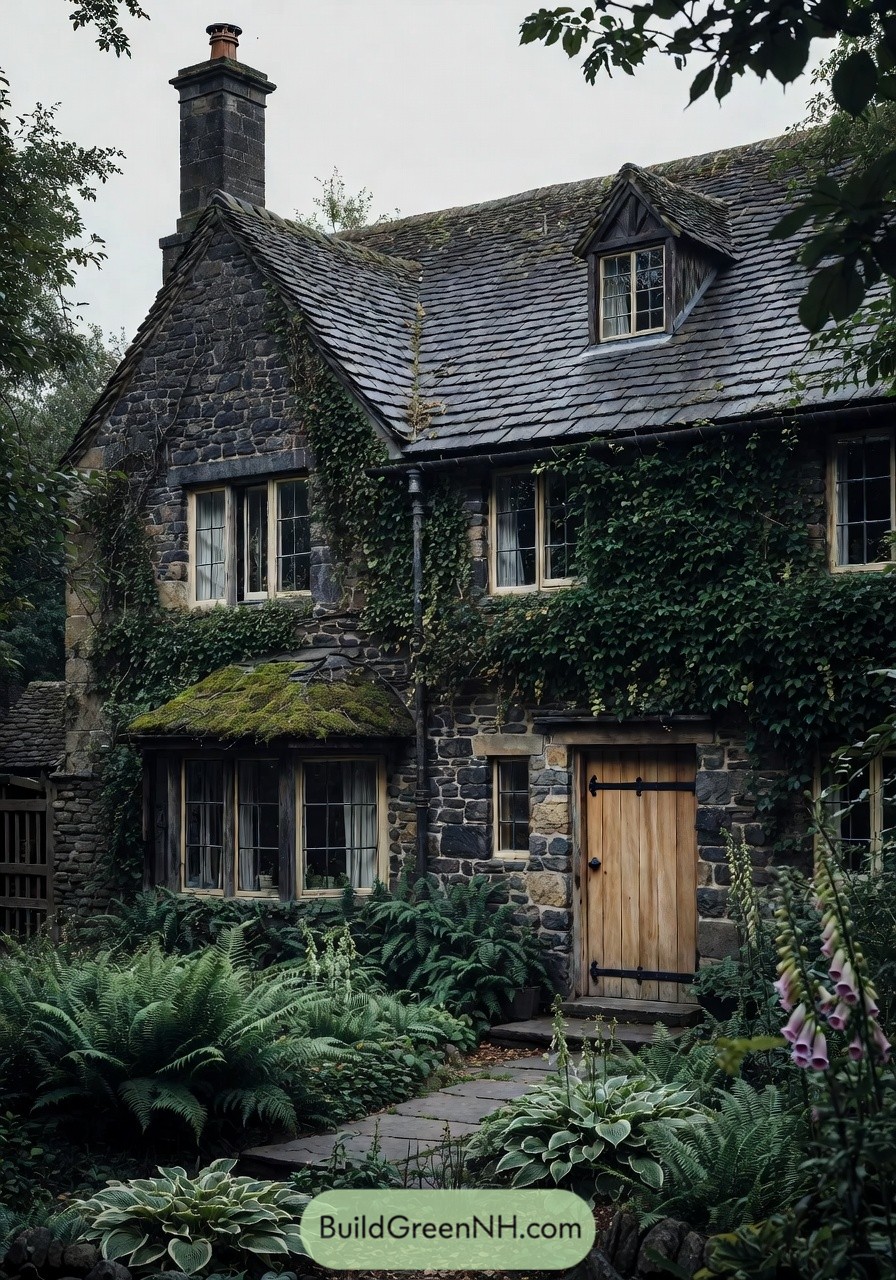 Ivy covered stone cottage with lush garden