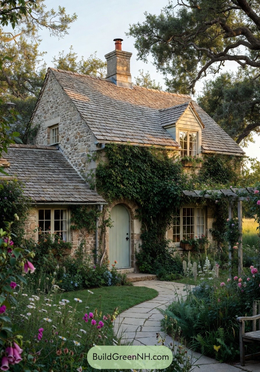 Stone cottage wrapped in climbing vines with flower filled garden path