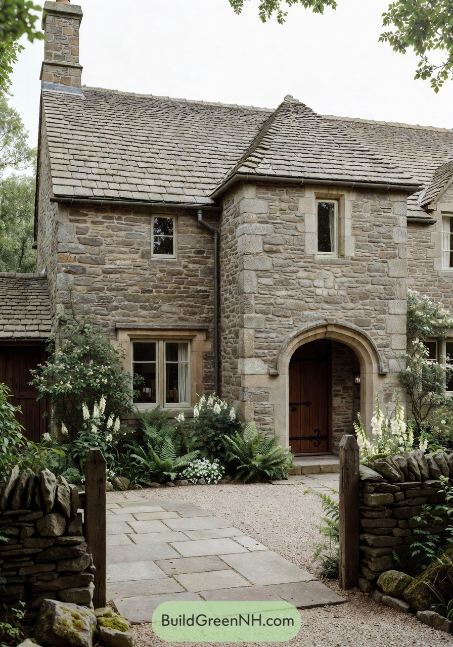 Stone cottage with arched wooden door and lush front garden