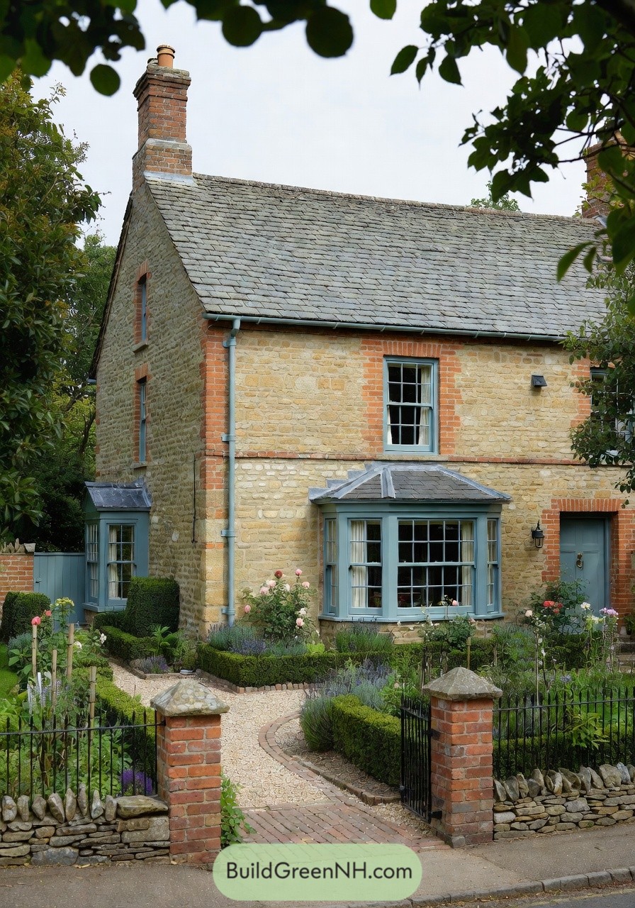 Stone cottage with blue trim and a manicured front garden