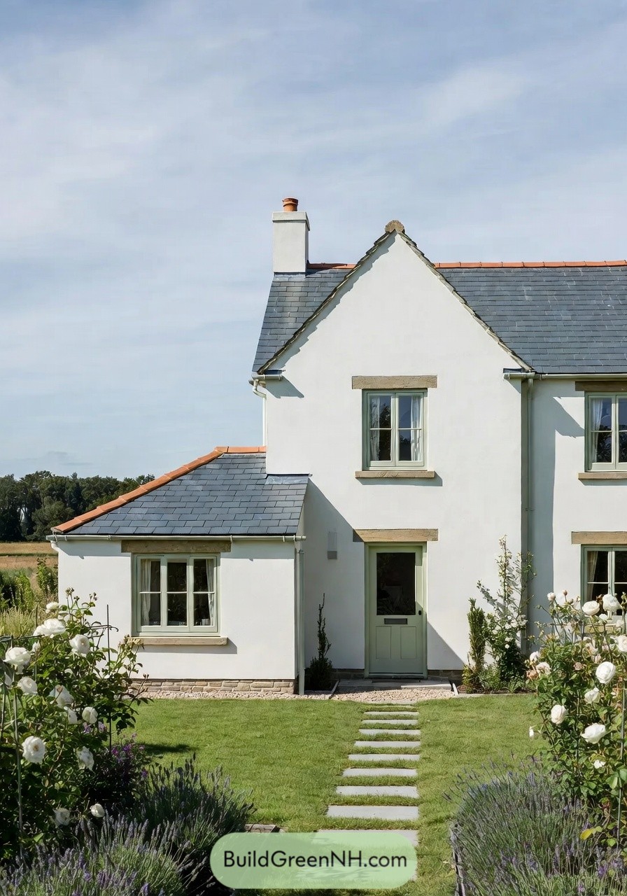 White stucco cottage with slate roof, pale green door, and lush front garden path
