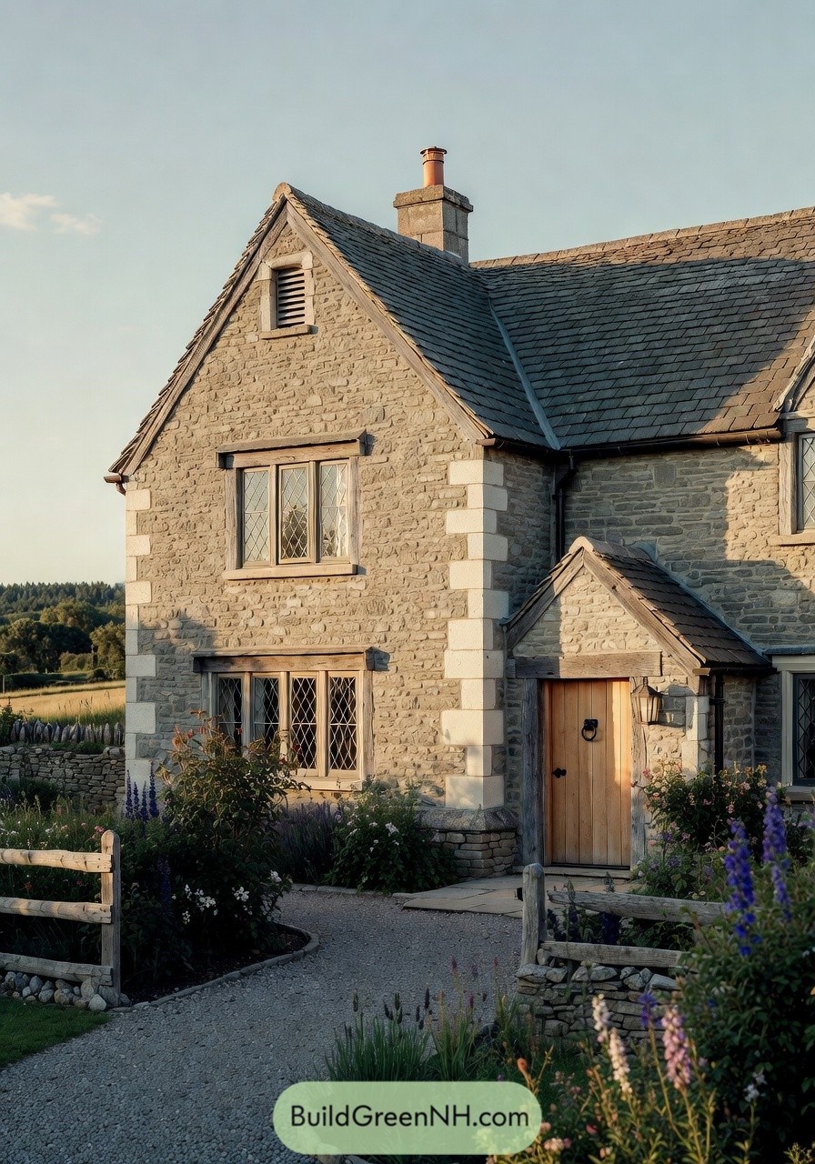 Stone cottage with slate roof, wooden door, and flower lined gravel path at golden hour