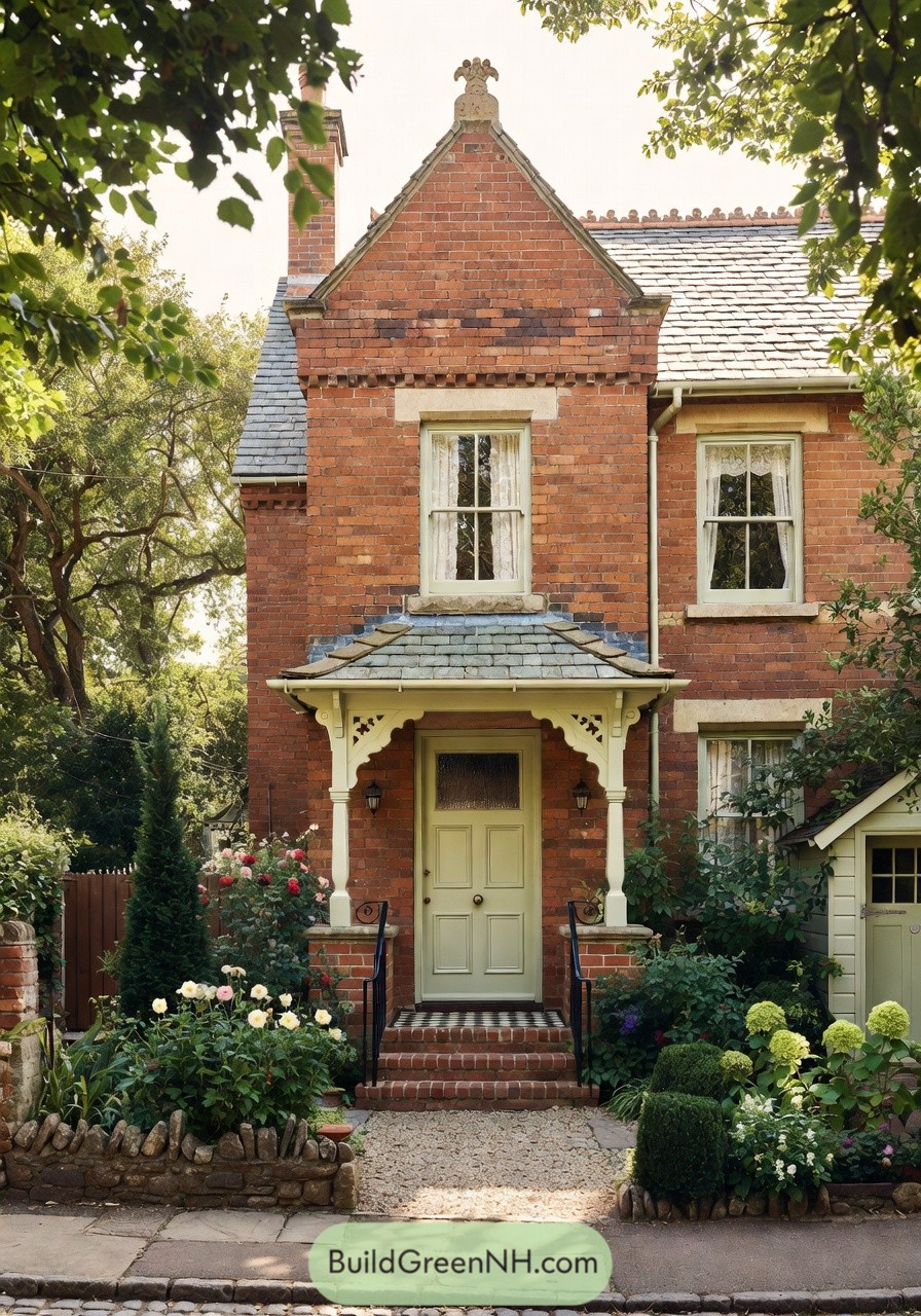 Red brick cottage with gabled porch and lush front garden