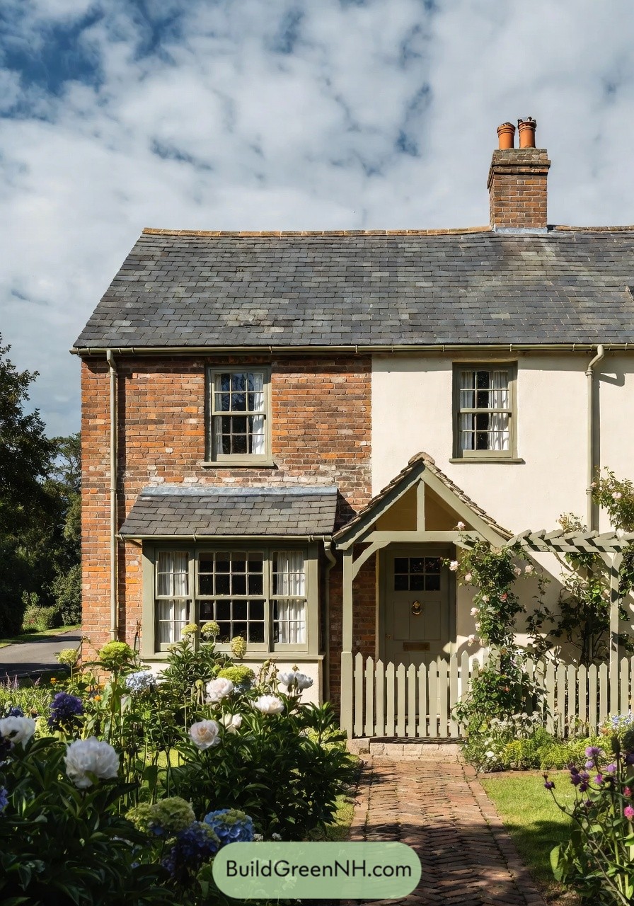 Charming brick and stucco cottage with slate roof, picket fence, and lush flower garden