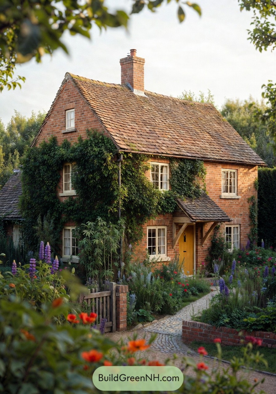 Brick cottage with ivy and flower garden