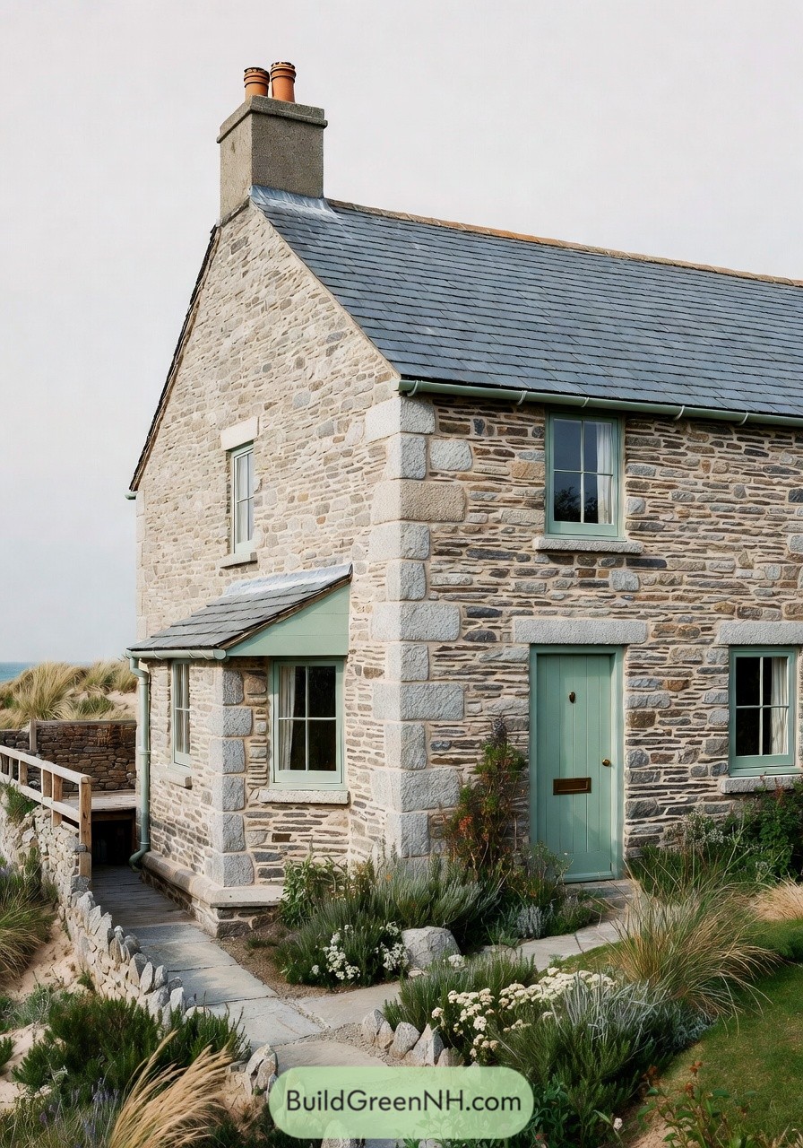 Stone seaside cottage with slate roof and mint green trim