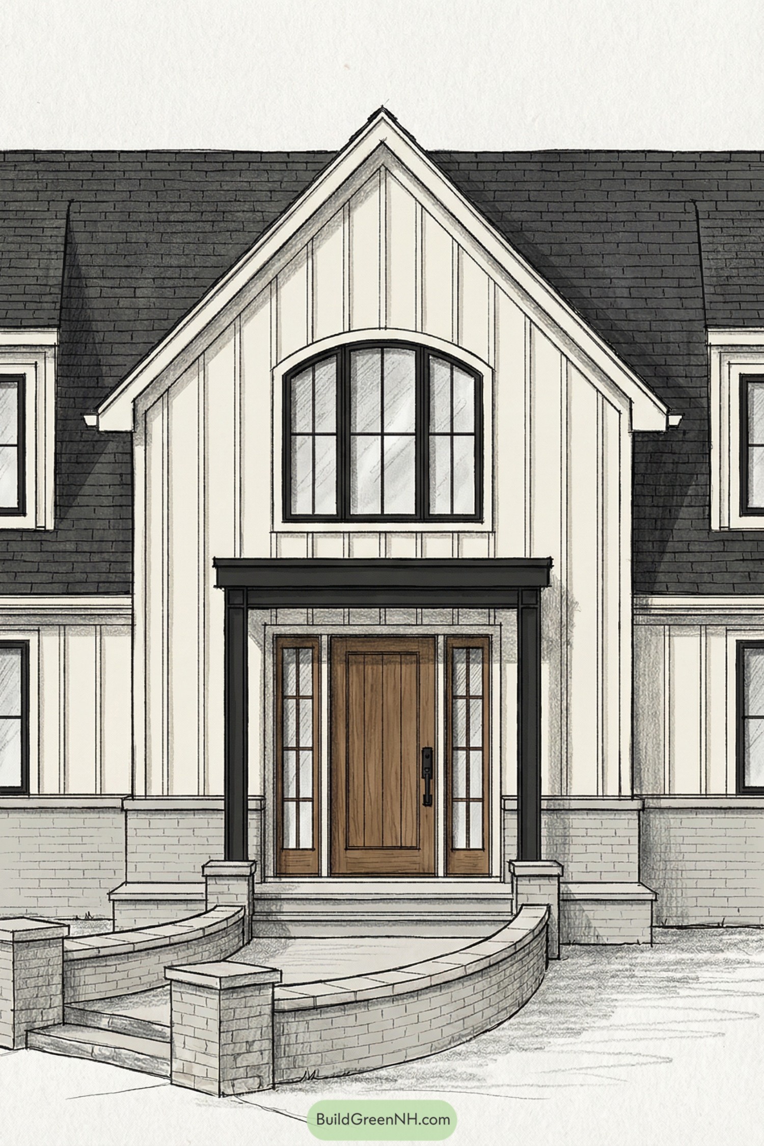 Modern cottage front entry with arched upper window and wood door framed by light siding and dark roof