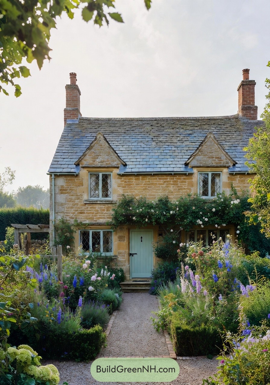 Charming stone cottage with lush flower garden
